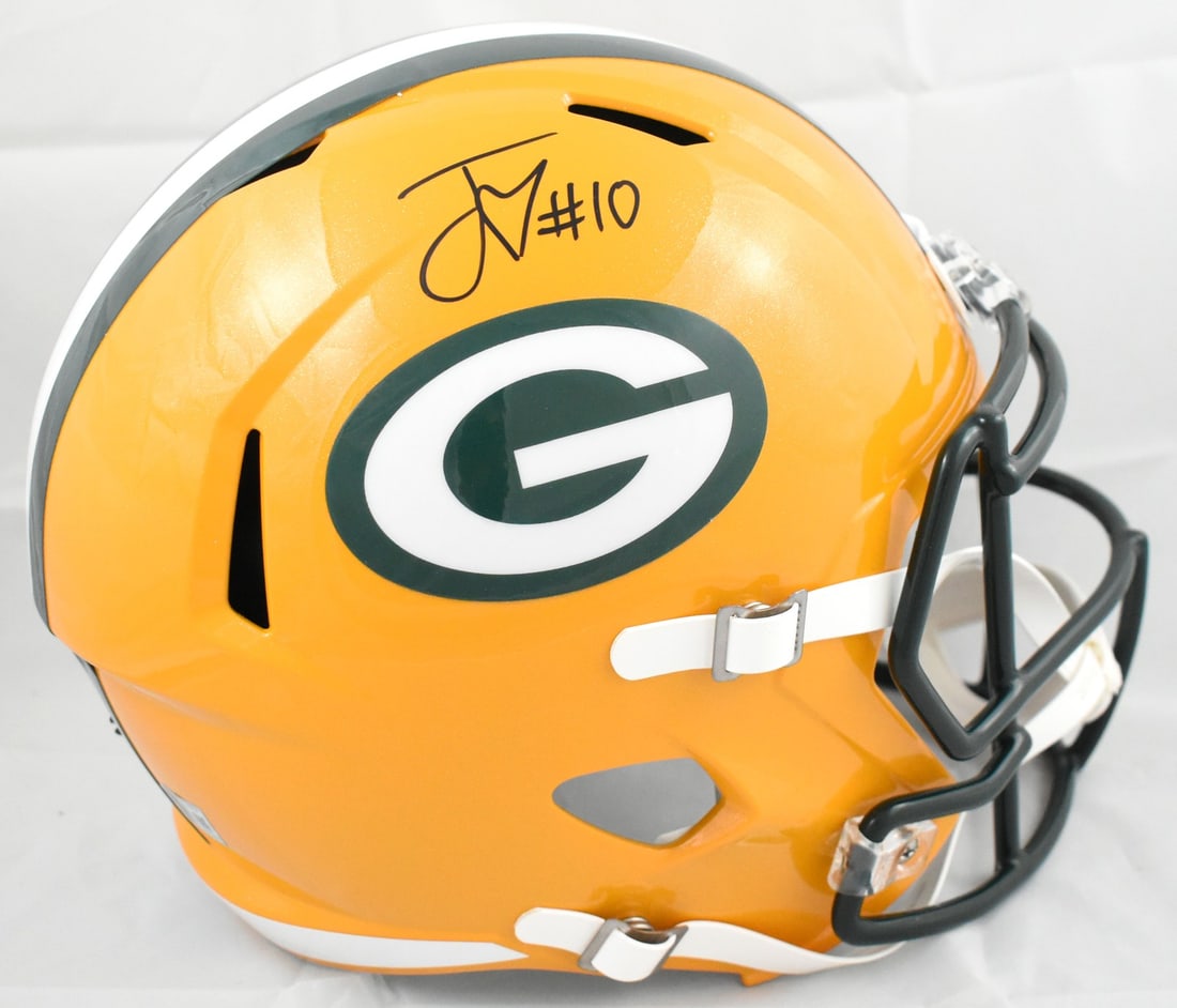 Beckett Hologram Signed Jordan Love Packers Full Size Speed Helmet: Beckett Hologram Signed Jordan Love Packers Full Size Speed Helmet Autographed Green Bay Packers F/S Speed helmet signed by Jordan Love. The helmet includes a Beckett W hologram and is pre-owned. Coun