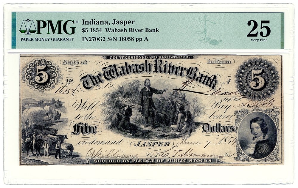 1854 $5 Jasper IN Wabash River Bank Note PMG VF25 Circulated (1 of 2)