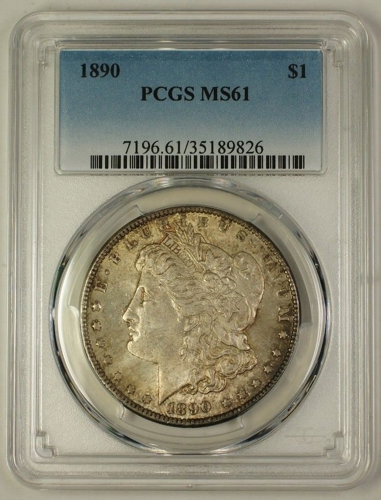 PCGS MS-61 Graded 1890 Morgan Silver Dollar Toned Philadelphia Mint: PCGS MS-61 Graded 1890 Morgan Silver Dollar Toned Philadelphia Mint This is an 1890 US Morgan Silver Dollar coin graded MS-61 by PCGS. The coin is uncirculated, features a toned appearance, and was mi