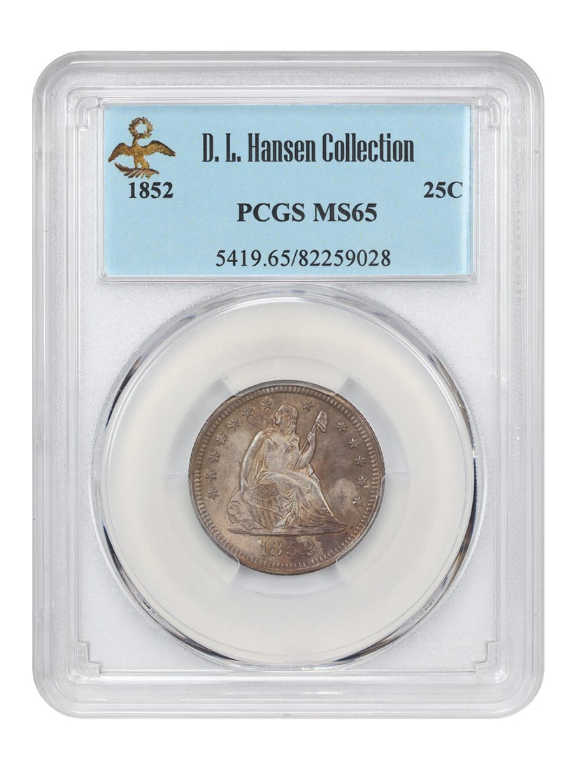 1852 Liberty Seated Quarter 25C PCGS MS65 ex D.L. Hansen: 1852 Liberty Seated Quarter 25C PCGS MS65 ex D.L. Hansen An 1852 Liberty Seated Quarter graded PCGS MS65 and housed in a PCGS holder. This uncirculated Philadelphia issue is described as a tough 1850s