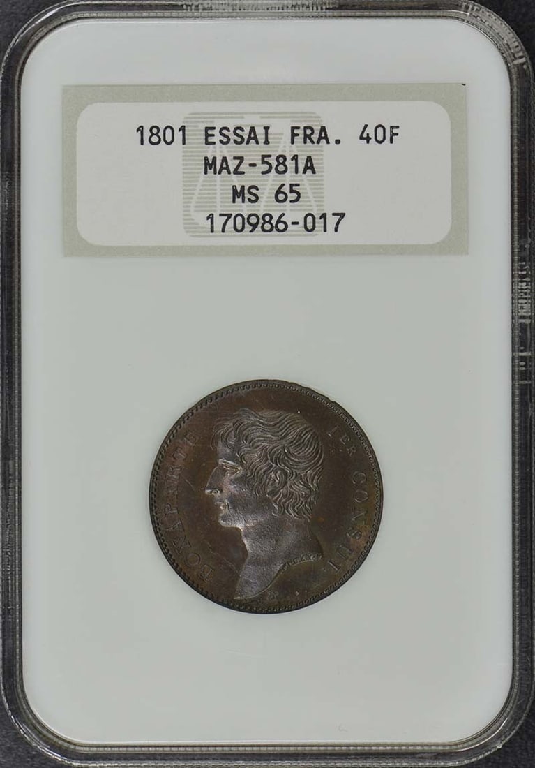 1801 ESSAI France Coin NGC MS65 Top Pop Certified: 1801 ESSAI France Coin NGC MS65 Top Pop Certified This 1801 ESSAI FRANCE MAZ-581A 40F coin exhibits exceptional quality and is graded as MS65 by NGC, indicating it is in uncirculated condition. A rare