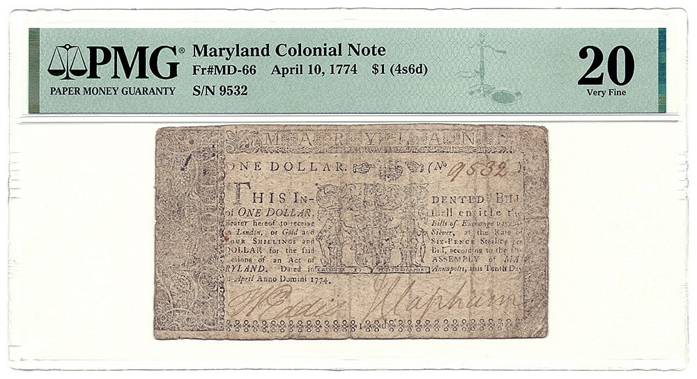 1774 Maryland Colonial Note $1 4 Shillings 6 Pence PMG Certified: 1774 Maryland Colonial Note $1 4 Shillings 6 Pence PMG Certified This Maryland Colonial Note, dated April 10, 1774, is a historic piece of currency with a denomination of $1 (4 Shillings & 6 Pence). I