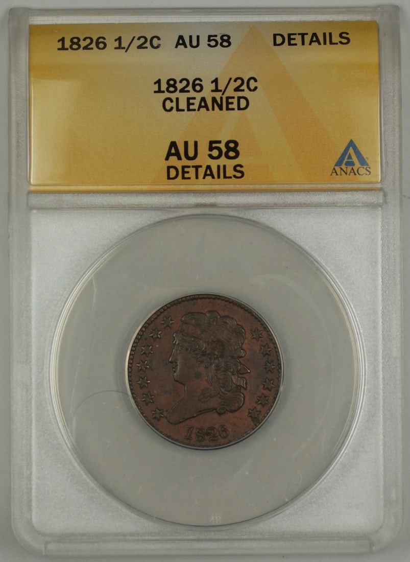ANACS AU 58 1826 Classic Head Half Cent Copper Coin Cleaned: ANACS AU 58 1826 Classic Head Half Cent Copper Coin Cleaned This 1826 Classic Head Half Cent coin from the United States is certified by ANACS with a grade of AU-58 Details. The coin has been cleaned 