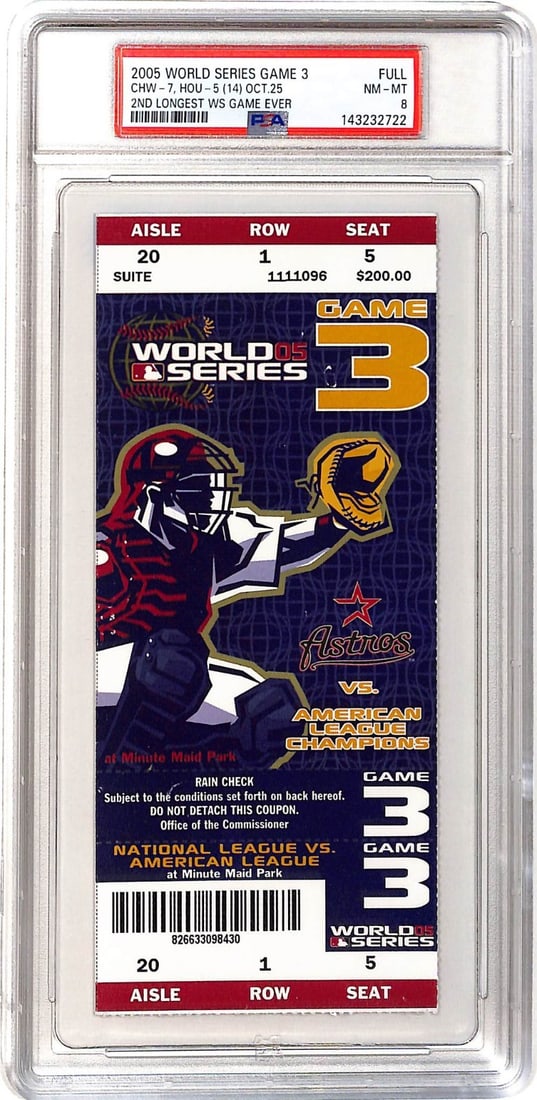 PSA 8 Full Ticket 2005 World Series Game 3 Astros vs White Sox: PSA 8 Full Ticket 2005 World Series Game 3 Astros vs White Sox This is an original full ticket from Game 3 of the 2005 World Series between the Chicago White Sox and the Houston Astros. The ticket has