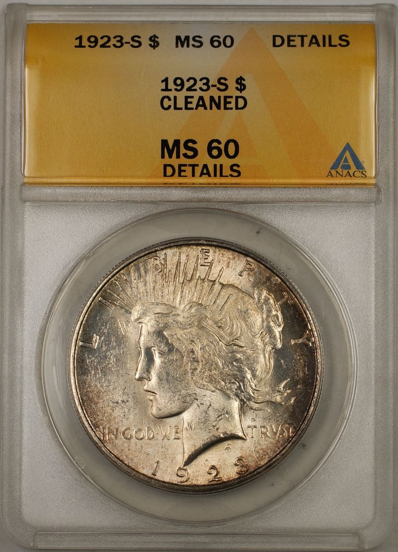 ANACS MS-60 1923-S Peace Silver Dollar Cleaned: ANACS MS-60 1923-S Peace Silver Dollar Cleaned This 1923-S Peace Silver Dollar coin originates from the United States and is composed of silver. Graded by ANACS as MS 60 Details, the coin has been cle