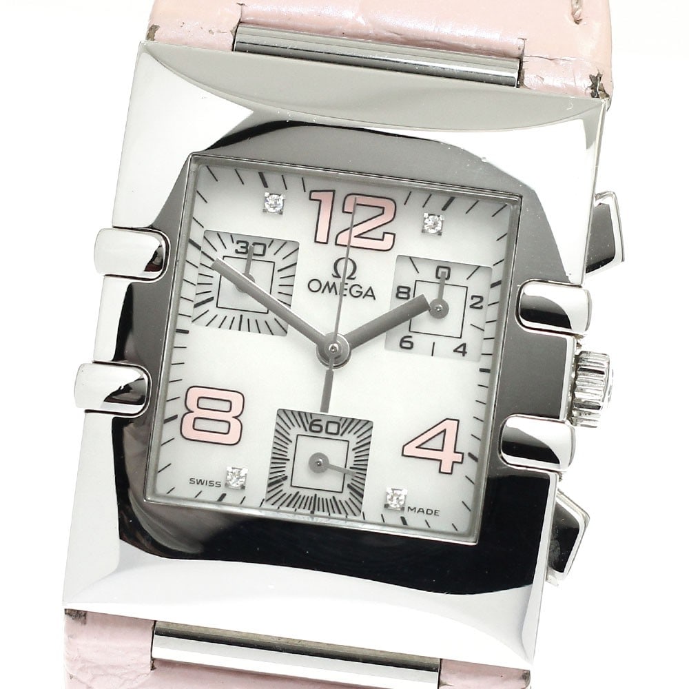 Omega Constellation Carre Quadra quartz ladies chronograph watch: Omega Constellation Carre Quadra quartz ladies chronograph watch This OMEGA Constellation Carre Quadra ladies wristwatch features a stainless steel case paired with a white mother-of-pearl dial and a 