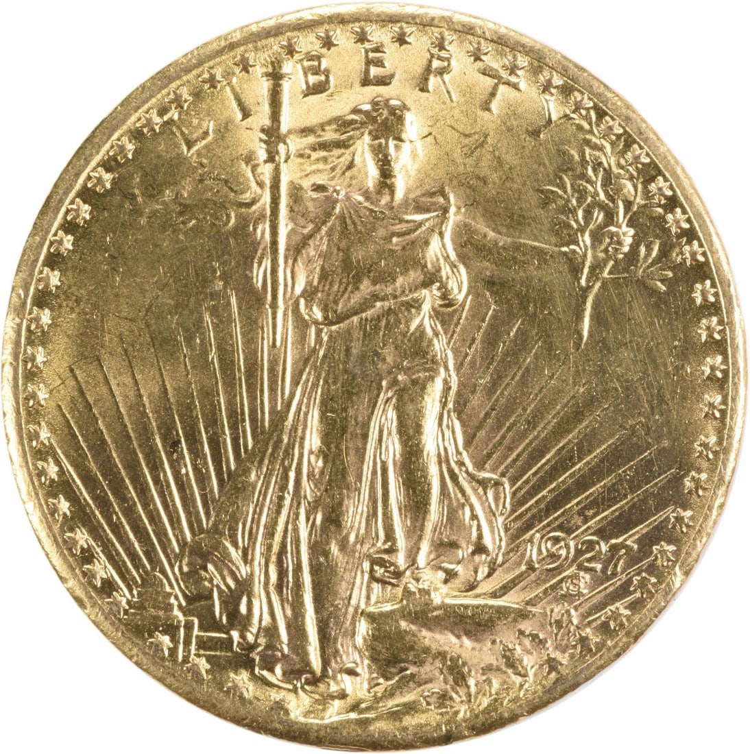 1927 Saint Gaudens $20 Gold Coin Choice BU Uncertified: 1927 Saint Gaudens $20 Gold Coin Choice BU Uncertified 1927 $20 Gold St. Gaudens coin in Choice BU condition. This uncirculated, uncertified piece is a pre-1933 United States issue with KM number 131 