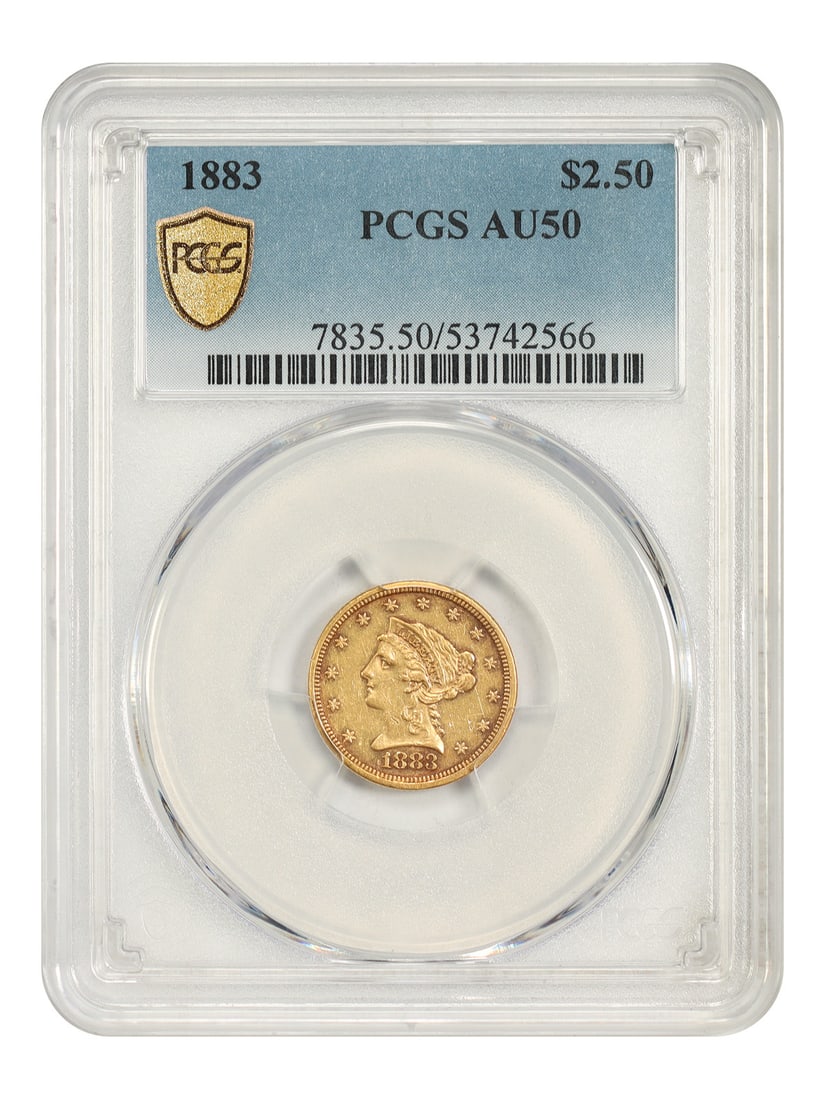 PCGS AU50 1883 Liberty Head $2.50 Gold Coin: PCGS AU50 1883 Liberty Head $2.50 Gold Coin 1883 Liberty Head $2.50 coin certified by PCGS with an AU50 grade. Struck at the Philadelphia Mint, this circulated example is one of the key dates in the s