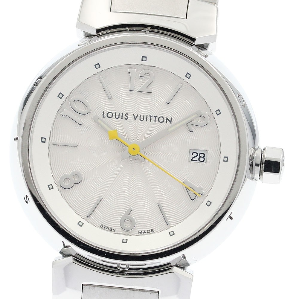 Louis Vuitton Tambour Quartz Ladies Date Watch: Louis Vuitton Tambour Quartz Ladies Date Watch This Louis Vuitton Tambour Date Quartz ladies watch features a stainless steel case and band with a silver dial. The watch is equipped with a date functi