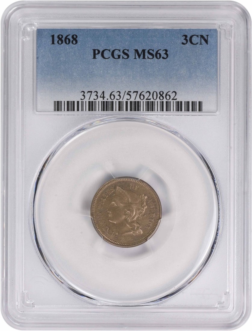 PCGS MS63 1868 Nickel Three Cent Coin: PCGS MS63 1868 Nickel Three Cent Coin This is an 1868 Three Cent Nickel coin from the United States, graded MS63 by PCGS. The coin is uncirculated and composed of nickel, with no mint mark. It is enca