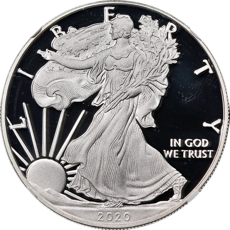 2020-W Silver American Eagle $1 NGC PF70 UCAM 1st Day of Issue Mercanti Label: 2020-W Silver American Eagle $1 NGC PF70 UCAM 1st Day of Issue Mercanti Label This stunning 2020-W Silver American Eagle $1 coin showcases exceptional eye appeal, brilliant luster, and a strong strike