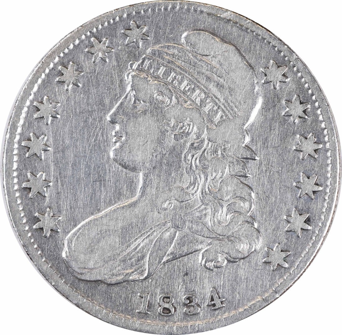 1834 Bust Half Dollar 50C John Reich Design Uncertified: 1834 Bust Half Dollar 50C John Reich Design Uncertified This 1834 Bust Half Dollar is an excellent addition to any coin collection. It was minted in Philadelphia and features the classic design by Joh
