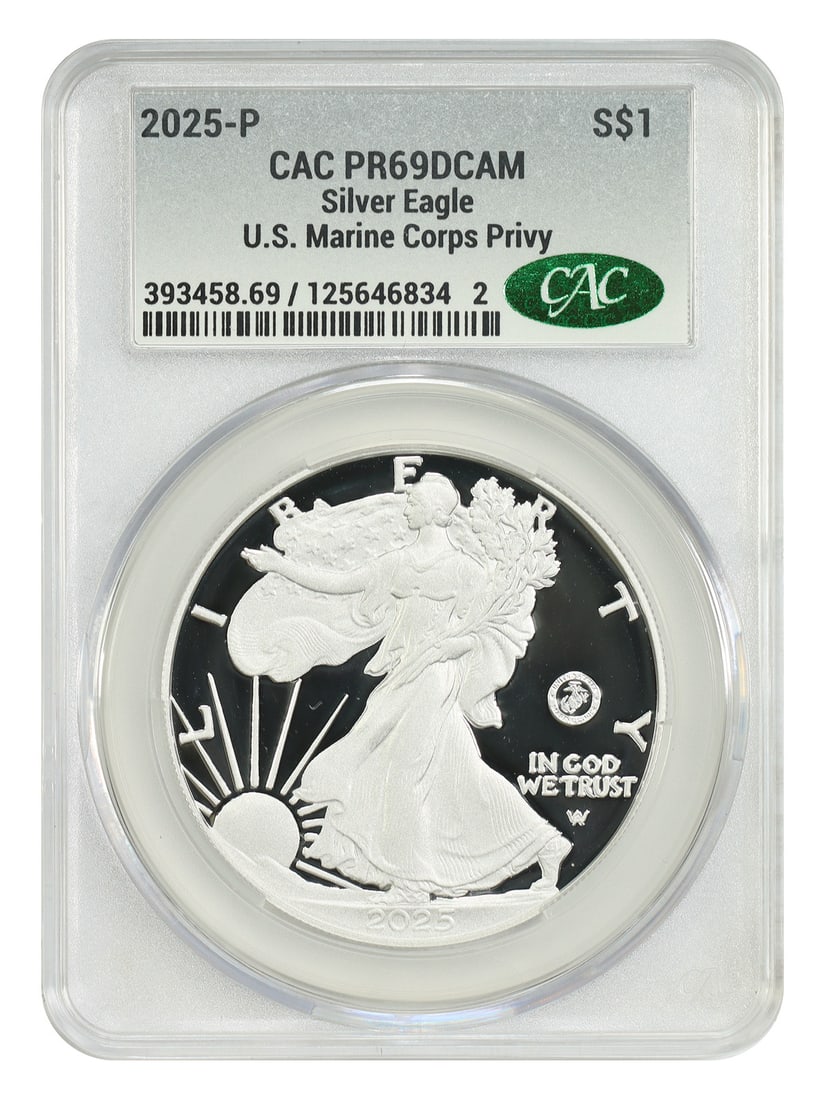 2025 P Silver Eagle $1 Marine Corps Privy CACG PR69DCAM: 2025 P Silver Eagle $1 Marine Corps Privy CACG PR69DCAM 2025-P $1 Silver Eagle certified by CACG and graded PR69DCAM. This uncirculated bullion coin from the Silver Eagles series features the U.S. Mar