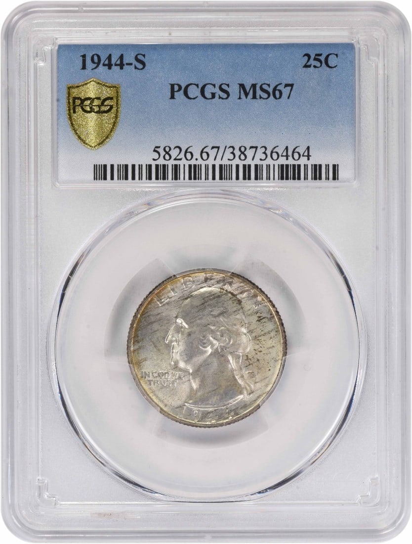 MS67 PCGS 1944-S 25C Washington Quarter 90 Percent Silver Uncirculated: MS67 PCGS 1944-S 25C Washington Quarter 90 Percent Silver Uncirculated This 1944-S Washington Quarter is composed of 90% silver and 10% copper and was minted in San Francisco. Graded MS67 by PCGS, it 