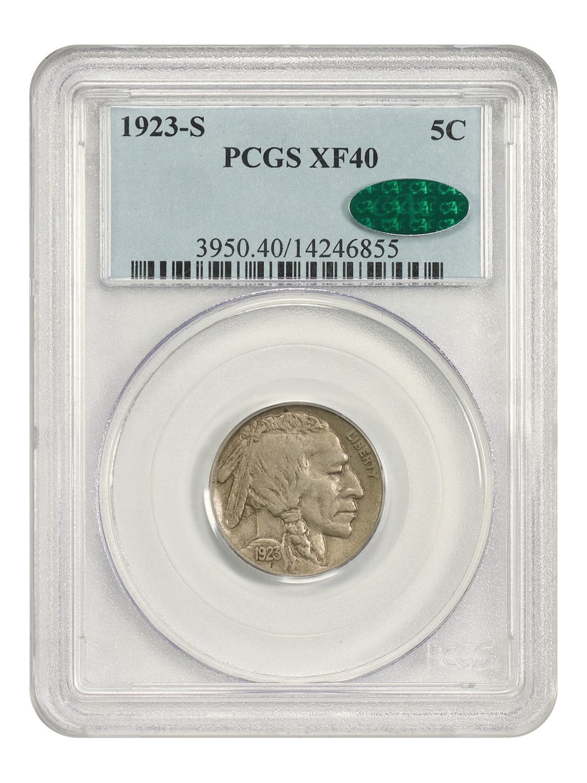 1923 San Francisco Buffalo Nickel 5C PCGS XF40 CAC: 1923 San Francisco Buffalo Nickel 5C PCGS XF40 CAC This 1923-S Buffalo Nickel is a circulated example from the San Francisco Mint and is certified by PCGS. It is identified as XF40 and is listed as a 