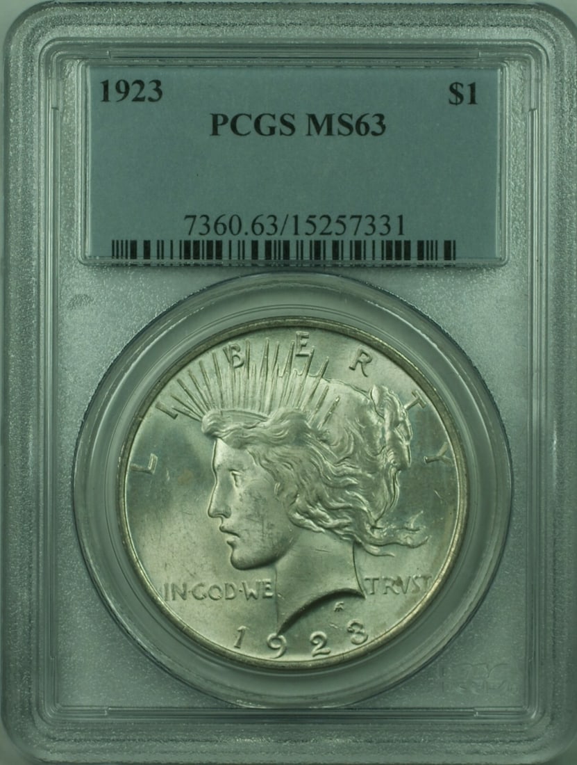 PCGS MS 63 Certified 1923 Peace Dollar Silver Coin Philadelphia Mint: PCGS MS 63 Certified 1923 Peace Dollar Silver Coin Philadelphia Mint This is a 1923 Peace Silver Dollar $1 coin certified by PCGS with a grade of MS 63. The coin was minted in Philadelphia, is uncircu