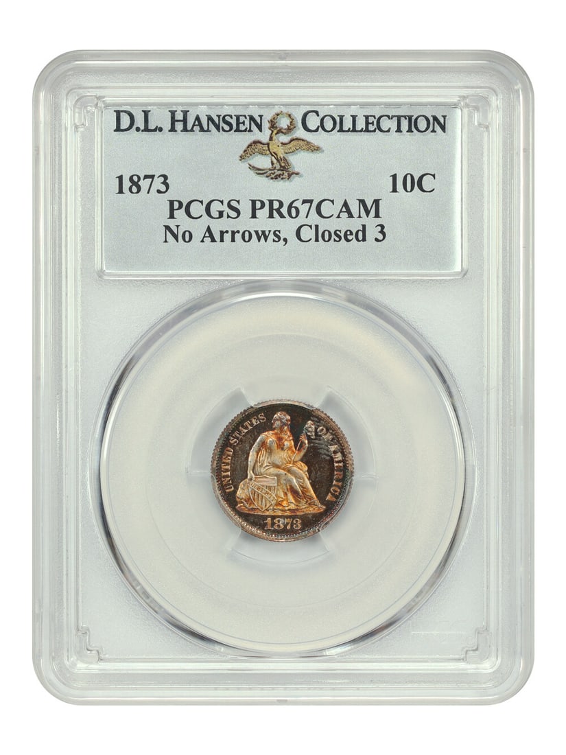 Liberty Seated Dime 1873 PCGS PR67CAM No Arrows Closed 3: Liberty Seated Dime 1873 PCGS PR67CAM No Arrows Closed 3 An 1873 Liberty Seated Dime, graded PR67CAM by PCGS and certified from Philadelphia. This No Arrows, Closed 3 proof issue is described as the f