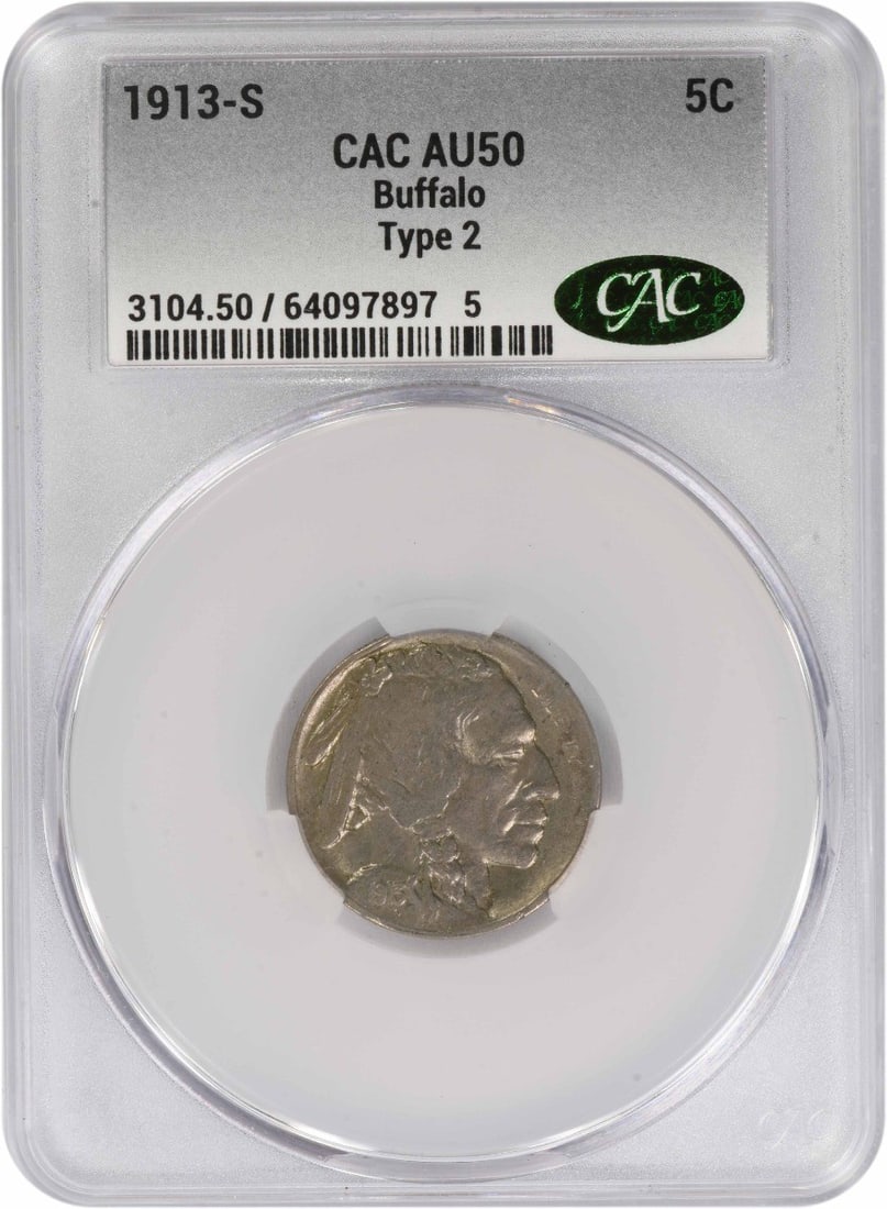 San Francisco 1913 Buffalo Nickel AU50 CACG Certified Type 2: San Francisco 1913 Buffalo Nickel AU50 CACG Certified Type 2 This 1913-S Buffalo Nickel Type 2 has been certified by CACG and graded AU50. Minted in San Francisco, this pre-owned coin is composed of 7