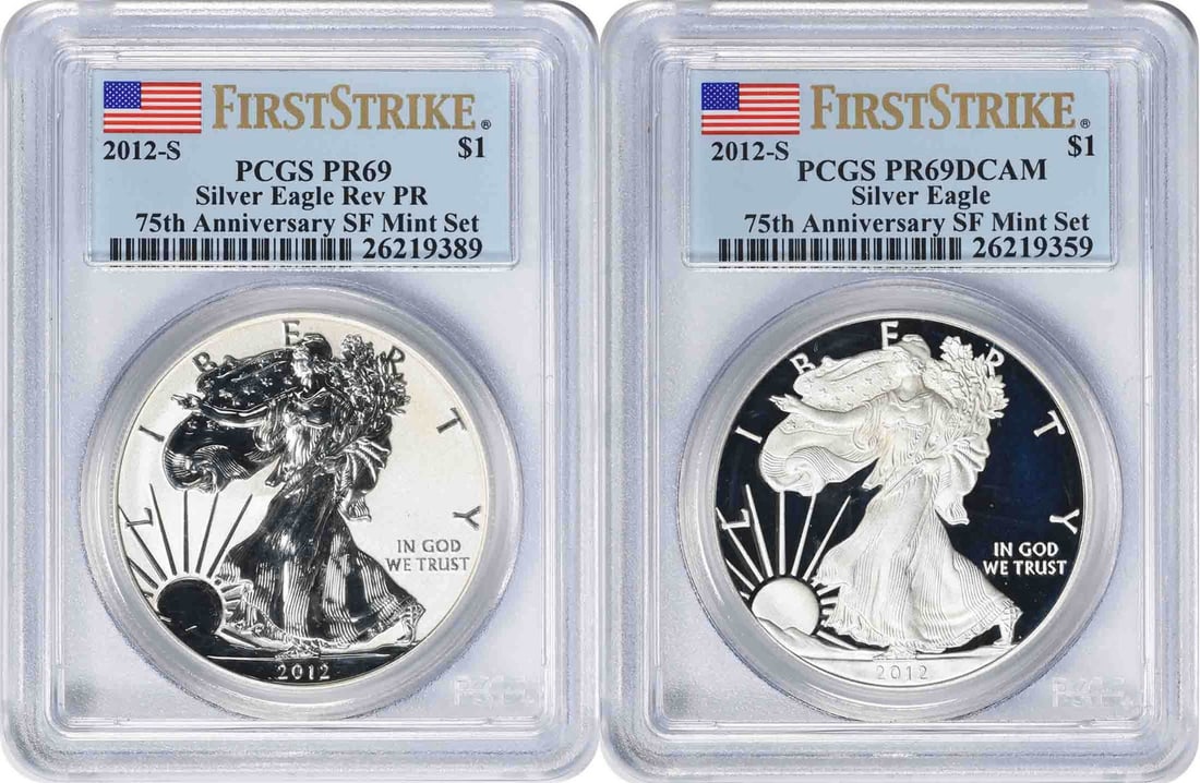 PCGS PR69 FS 2012-S American Silver Eagle Dollar 75th Anniversary 2-Coin Set: PCGS PR69 FS 2012-S American Silver Eagle Dollar 75th Anniversary 2-Coin Set 2012-S $1 American Silver Eagle 75th Anniversary San Francisco Mint two-coin set, certified by PCGS and graded PR69 FS. Eac