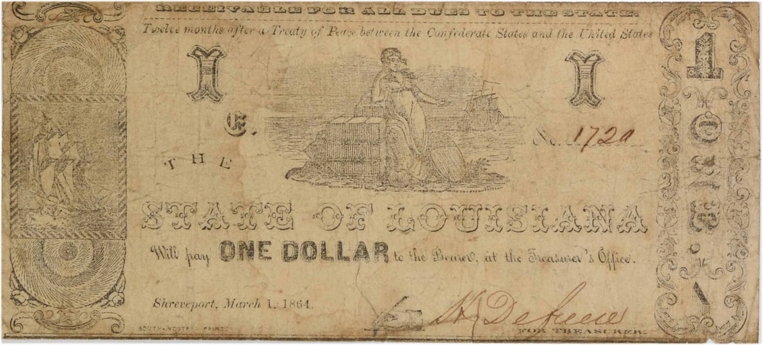 Louisiana 1864 One Dollar Treasury Note Shreveport C-17 VG Grade Uncertified (1 of 2)