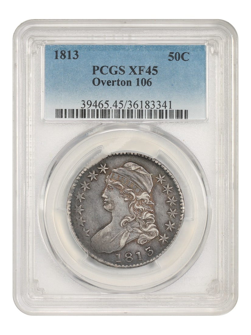 1813 Capped Bust Half Dollar 50C PCGS XF45 O-106: 1813 Capped Bust Half Dollar 50C PCGS XF45 O-106 An 1813 Capped Bust Half Dollar, denominated 50C and struck in Philadelphia. This circulated example is certified by PCGS and graded XF45, with certifi