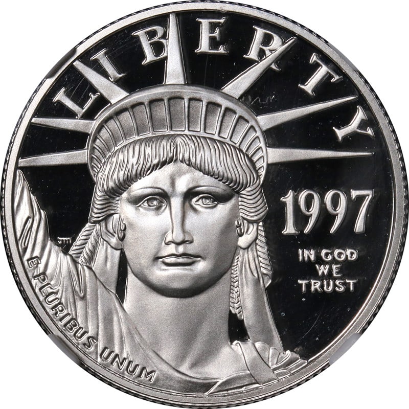 NGC PF70 Ultra Cameo 1997-W $50 Platinum Eagle Coin Certified: NGC PF70 Ultra Cameo 1997-W $50 Platinum Eagle Coin Certified This 1997-W Platinum American Eagle $50 coin features a perfect PF70 Ultra Cameo grade certified by NGC. Struck in 0.9995 fine platinum, t