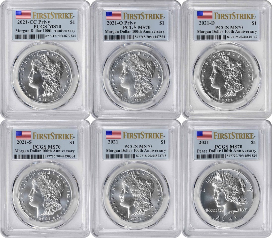 PCGS MS70 2021 Morgan Peace dollars 6 coin set: PCGS MS70 2021 Morgan Peace dollars 6 coin set This set includes six 2021 Morgan and Peace Silver Dollars, each certified by PCGS with a grade of MS70 First Strike. The coins are uncirculated and comp