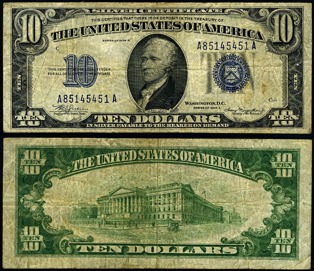 1934-A $10 Silver Certificate Mule A-A Block Micro BP 404 Very Fine: 1934-A $10 Silver Certificate Mule A-A Block Micro BP 404 Very Fine This is a 1934-A $10 Silver Certificate Mule, denomination $10, with A-A block and micro BP #404. The note is in Very Fine (VF) circ