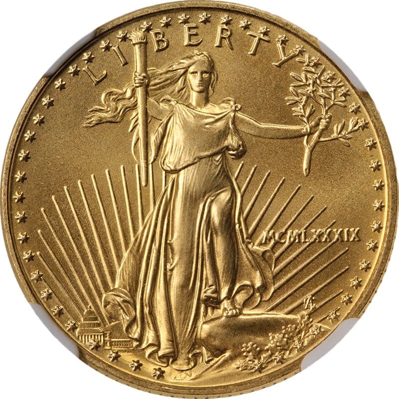 NGC MS70 1989 Ten Dollar Gold American Eagle Coin Uncirculated: NGC MS70 1989 Ten Dollar Gold American Eagle Coin Uncirculated This 1989 Gold American Eagle $10 coin is certified by NGC with a grade of MS70, indicating its uncirculated and flawless condition. The 