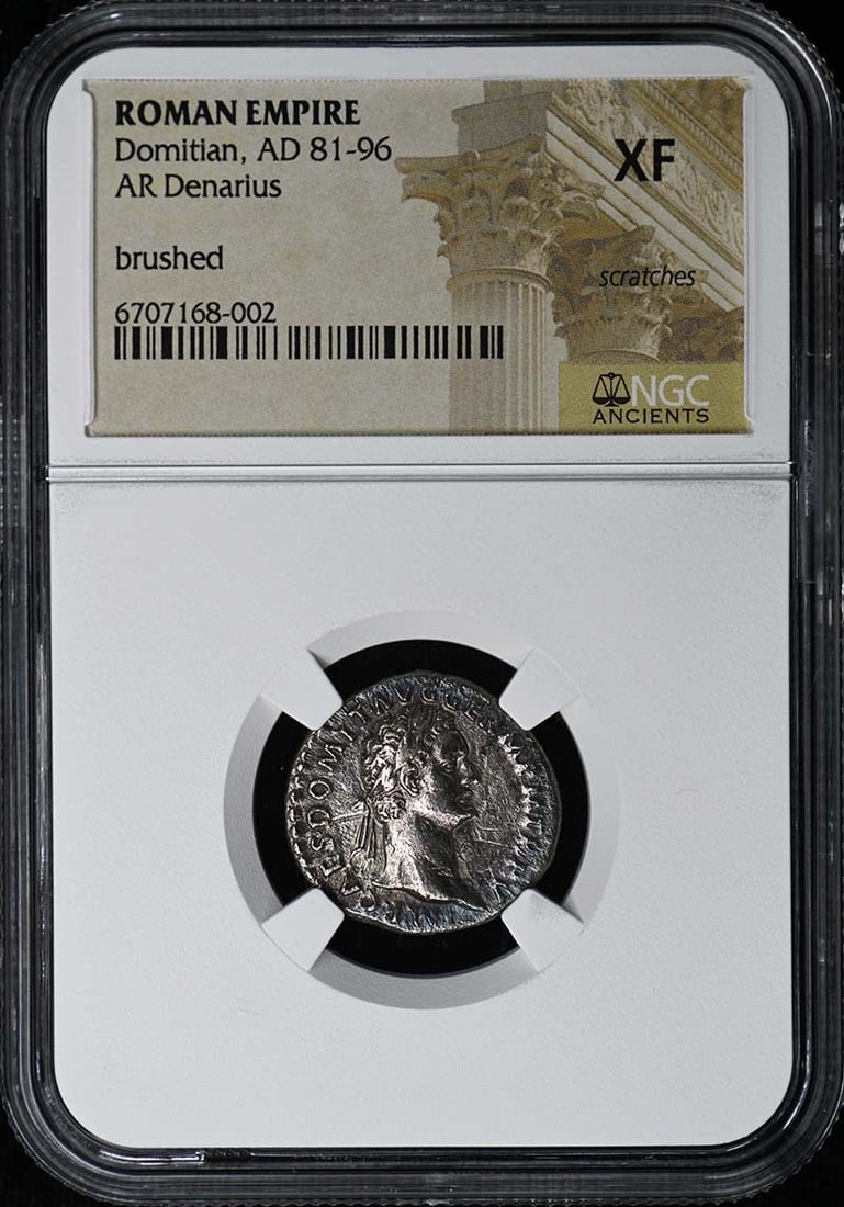 NGC Certified Denarius Roman Empire Domitian Silver Coin XF40: NGC Certified Denarius Roman Empire Domitian Silver Coin XF40 This Roman Empire AR Denarius dates from the reign of Domitian, AD 81-96. The coin is certified by NGC with a grade of XF40 and originates