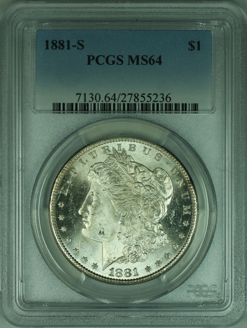 PCGS MS64 1881-S Morgan $1 Silver Dollar: PCGS MS64 1881-S Morgan $1 Silver Dollar This is an 1881-S Morgan Silver Dollar graded MS64 by PCGS. The coin is uncirculated and composed of silver, minted in San Francisco. It is a pre-owned collect