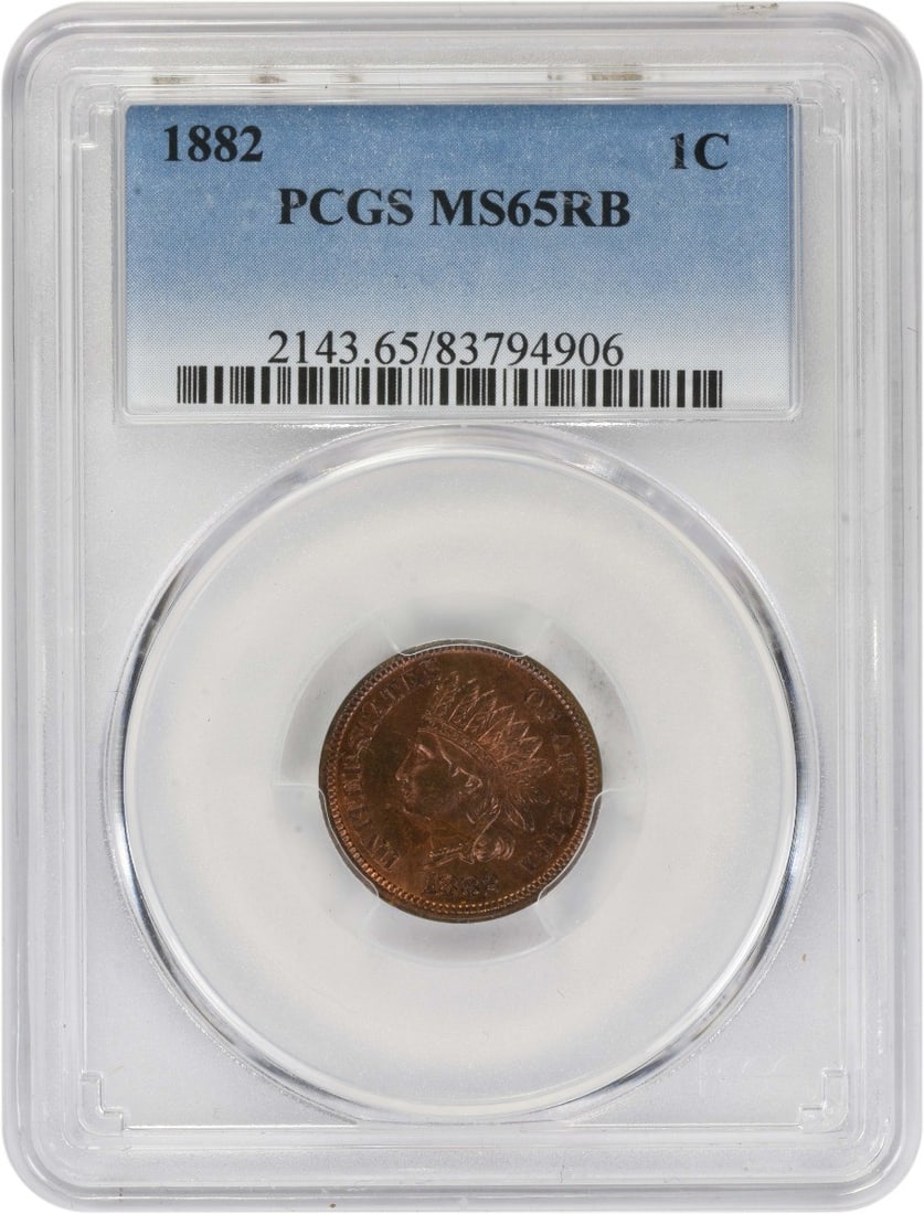 Indian Head 1882 Small Cent MS65RB PCGS Certified Copper Coin: Indian Head 1882 Small Cent MS65RB PCGS Certified Copper Coin This is an 1882 Indian Head small cent graded MS65RB by PCGS. The coin is uncirculated, made of copper, and features no mint mark. It orig
