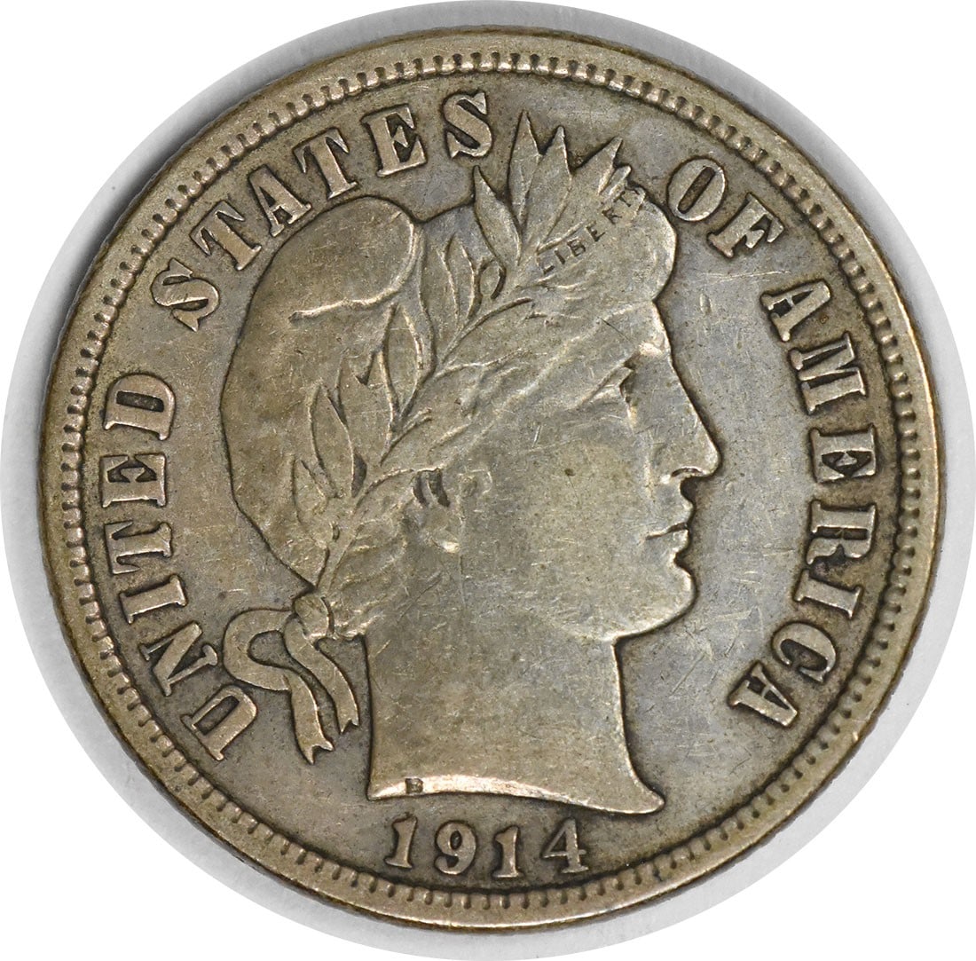 1914-D/D Barber Silver Dime RPM1 90% Silver Uncertified: 1914-D/D Barber Silver Dime RPM1 90% Silver Uncertified This 1914-D/D Barber Silver Dime is a noteworthy piece for collectors. Issued in Denver, this coin features the iconic Barber design by Charles 