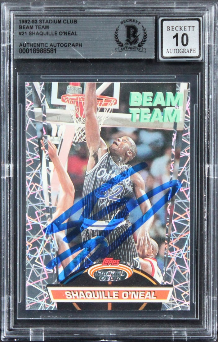 Shaquille O'Neal Rookie Beam Team Card Signed BAS 10 Slabbed 1992 #21: Shaquille O'Neal Rookie Beam Team Card Signed BAS 10 Slabbed 1992 #21 This is an original 1992 Stadium Club Beam Team #21 rookie card featuring Shaquille O'Neal of the Orlando Magic. The card has been