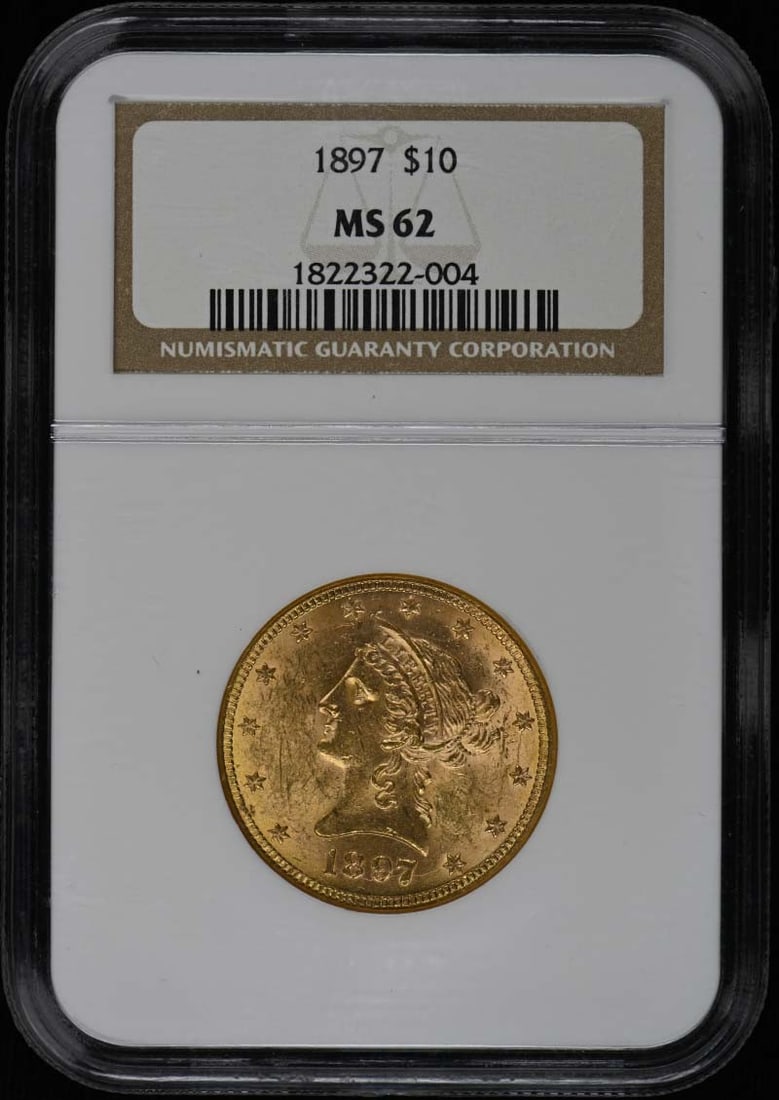1897 Liberty Head $10 Eagle NGC MS62: 1897 Liberty Head $10 Eagle NGC MS62 This 1897 Liberty Head $10 Eagle gold coin is graded MS62 by NGC, indicating it is in uncirculated condition. Struck at the Philadelphia Mint, this pre-owned coin 