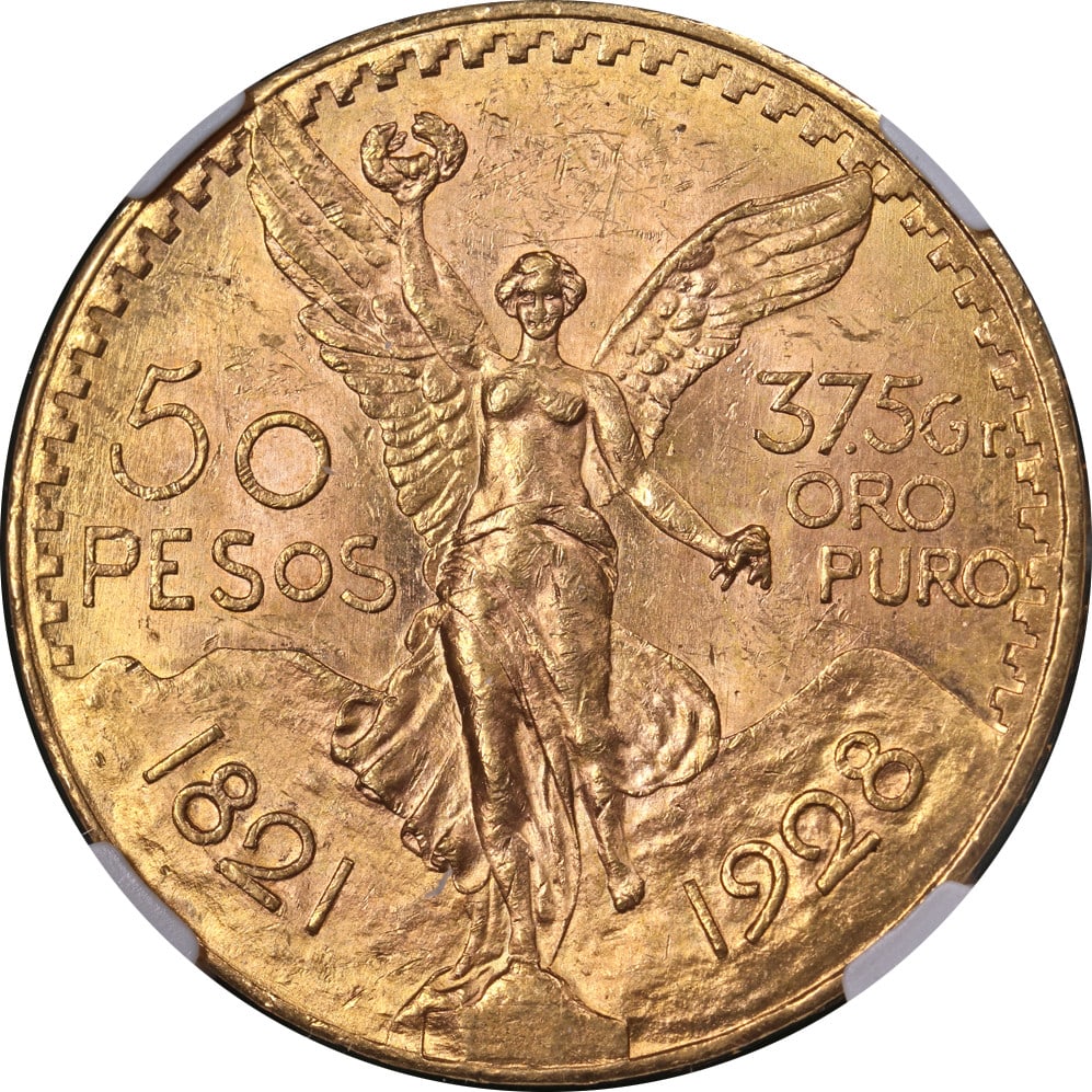 1928 Mexico 50 Peso Gold Coin NGC MS63: 1928 Mexico 50 Peso Gold Coin NGC MS63 This 1928 Mexico Gold 50 Peso coin is certified by NGC with a grade of MS63. It features attractive gold color, strong luster, and a well-struck design. The item