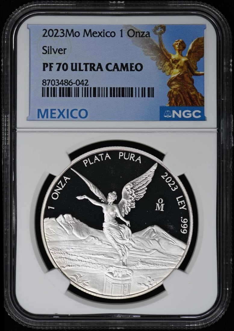 2023 Mexico Silver 1 Onza NGC PR70DCAM: 2023 Mexico Silver 1 Onza NGC PR70DCAM This is a 2023 Mexico Silver 1 Onza coin graded PR70 by NGC. The coin is in uncirculated condition and has been professionally certified. It is a pre-owned item 