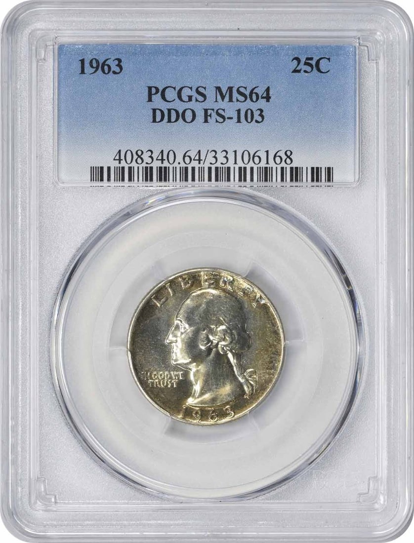 1963 Washington Silver Quarter MS64 PCGS 90% Silver DDO FS-103: 1963 Washington Silver Quarter MS64 PCGS 90% Silver DDO FS-103 This 1963 Washington Silver Quarter is a remarkable example, certified by PCGS with a grade of MS64. Struck in Philadelphia, this coin fe