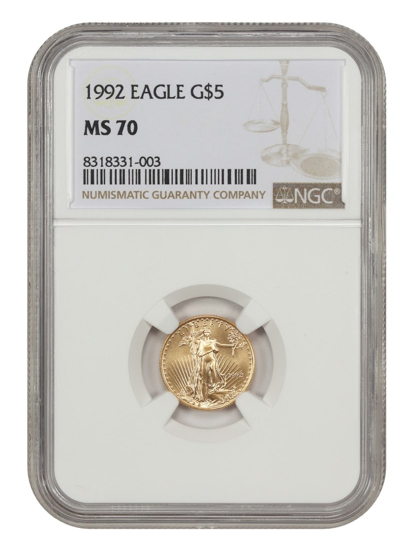 NGC MS70 1992 $5 Gold Eagle Bullion Coin: NGC MS70 1992 $5 Gold Eagle Bullion Coin 1992 $5 Gold Eagle certified by NGC and graded MS70. This uncirculated bullion coin is from the Gold Eagles series and was minted in Philadelphia. Condition is