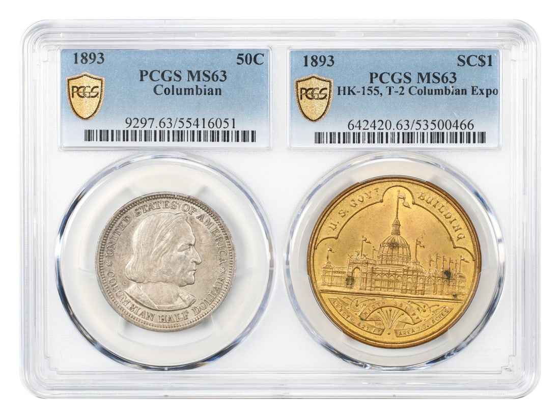 PCGS MS63 1893 Columbian 50C and HK-155 T-2 Expo dual holder: PCGS MS63 1893 Columbian 50C and HK-155 T-2 Expo dual holder 1893 50C Columbian and SC$1 HK-155, T-2, Columbian Expo PCGS MS63. This pre-owned classic silver commemorative is uncirculated and certifie