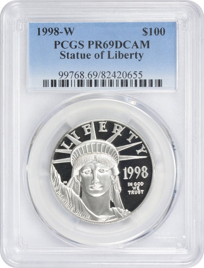 1998-W $100 American Platinum Eagle PR69DCAM PCGS Statue of Liberty Coin: 1998-W $100 American Platinum Eagle PR69DCAM PCGS Statue of Liberty Coin This stunning 1998-W $100 American Platinum Eagle is a remarkable piece of numismatic history, showcasing the iconic Statue of 