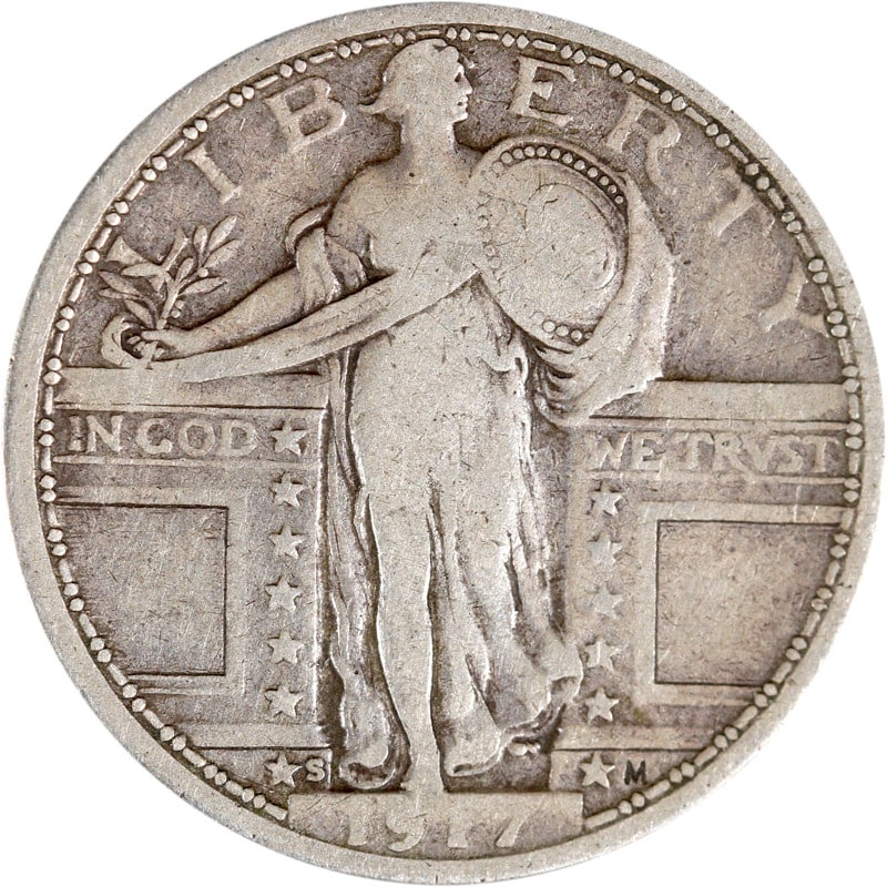 San Francisco Mint 1917 Type 1 Standing Liberty Silver Quarter: San Francisco Mint 1917 Type 1 Standing Liberty Silver Quarter This is a 1917-S Type 1 Standing Liberty Quarter from the United States, minted in San Francisco. The coin is composed of silver and is i