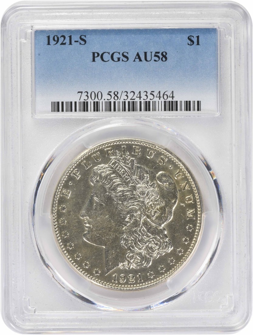 PCGS AU58 1921 San Francisco Morgan Dollar 90 Percent Silver: PCGS AU58 1921 San Francisco Morgan Dollar 90 Percent Silver This 1921-S Morgan Silver Dollar is graded AU58 by PCGS. Struck at the San Francisco Mint, it features a composition of 90% silver and 10% 