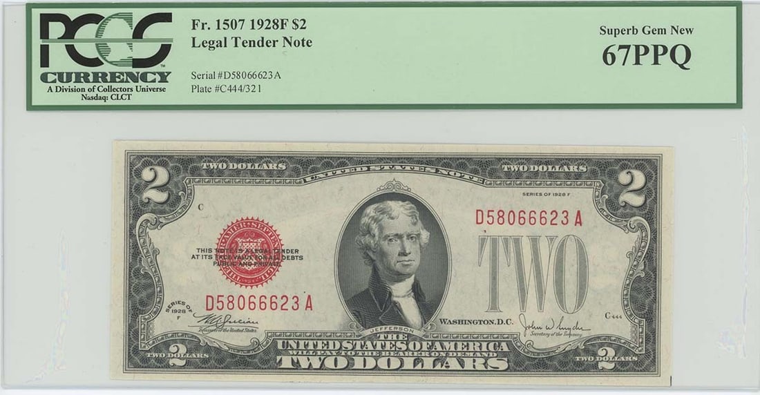 1928F $2 Legal Tender Note FR#1507 PCGS 67 PPQ Uncirculated: 1928F $2 Legal Tender Note FR#1507 PCGS 67 PPQ Uncirculated This 1928 $2 Legal Tender Note (FR#1507) is graded as PCGS 67 PPQ, indicating it is a superb gem quality note. It is officially certified by