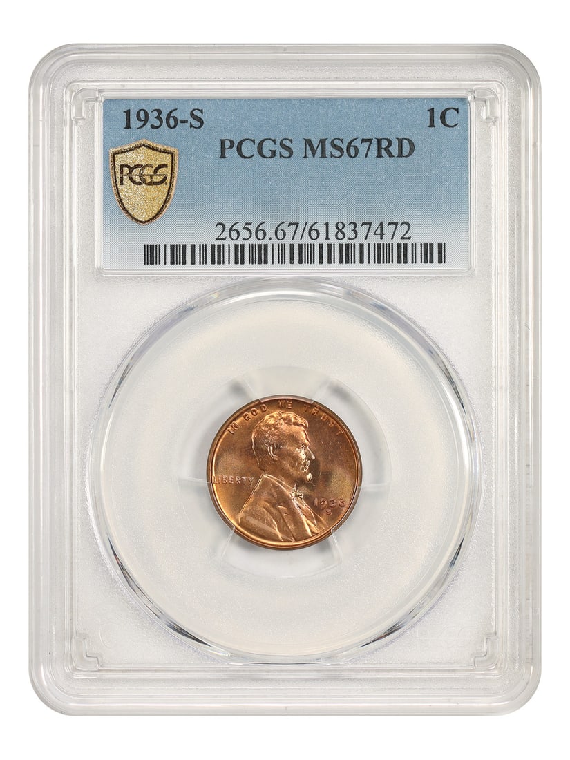 PCGS MS67RD 1936-S Lincoln Wheat Cent 1C Red: PCGS MS67RD 1936-S Lincoln Wheat Cent 1C Red 1936-S Lincoln Cent (Wheat Reverse) in PCGS MS67RD grade. This 1C coin is from the San Francisco mint and is described as having lustrous two-toned red-ora
