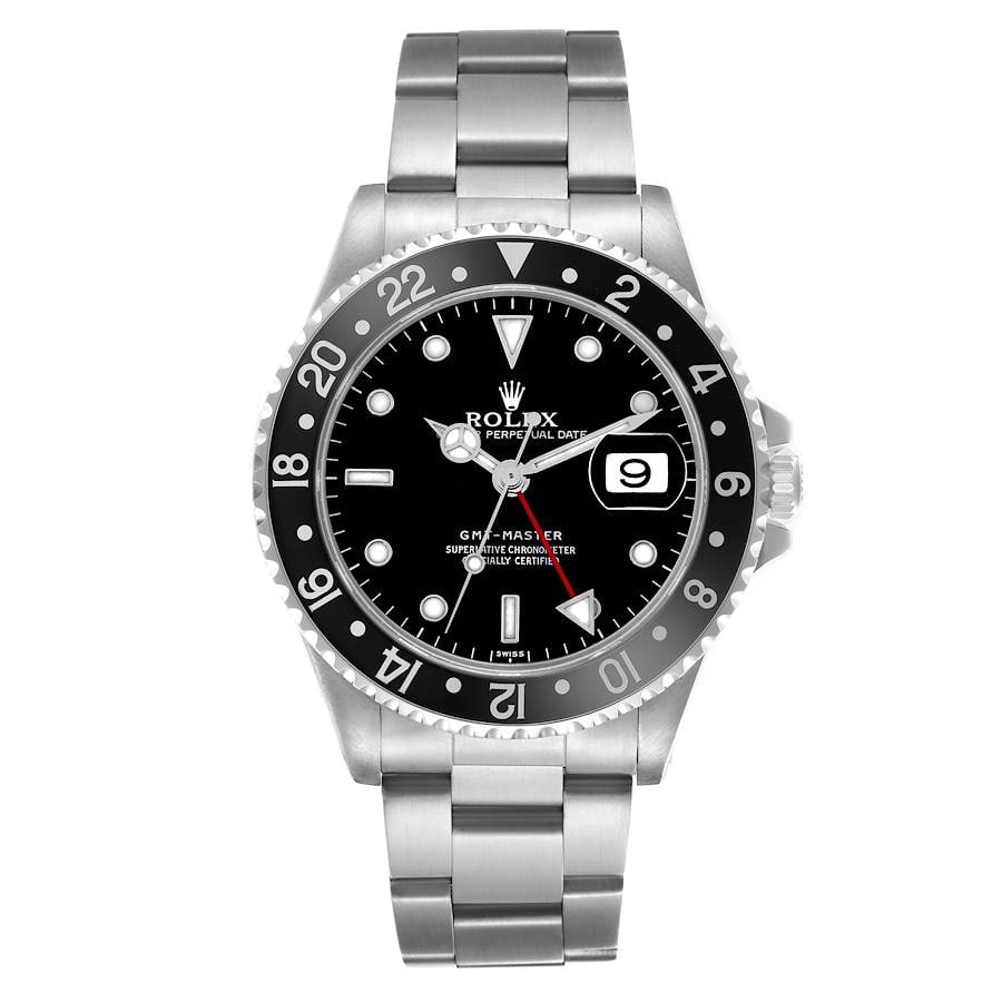 Rolex GMT-Master Ref 16700 Black Dial Oyster Bracelet Watch with Papers 2000: Rolex GMT-Master Ref 16700 Black Dial Oyster Bracelet Watch with Papers 2000 This Rolex GMT-Master is a men's watch featuring a black dial and black bezel, paired with an Oyster bracelet. The watch is