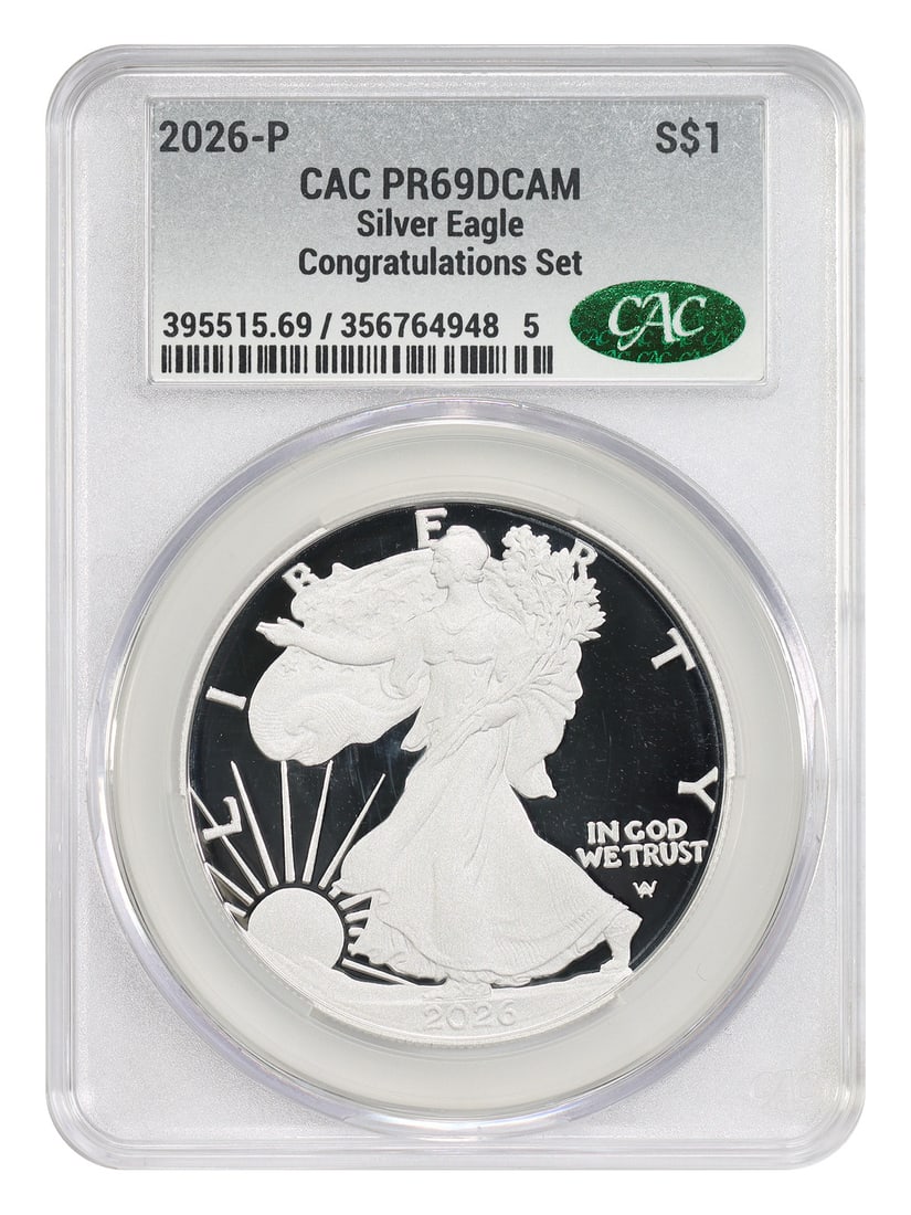 2026 P $1 Silver Eagle PR69DCAM CACG Congrats Set Box COA: 2026 P $1 Silver Eagle PR69DCAM CACG Congrats Set Box COA 2026-P $1 Silver Eagle CACG PR69DCAM from the Congratulations Set, offered with box and COA. This un-used 2026 Philadelphia issue is certified