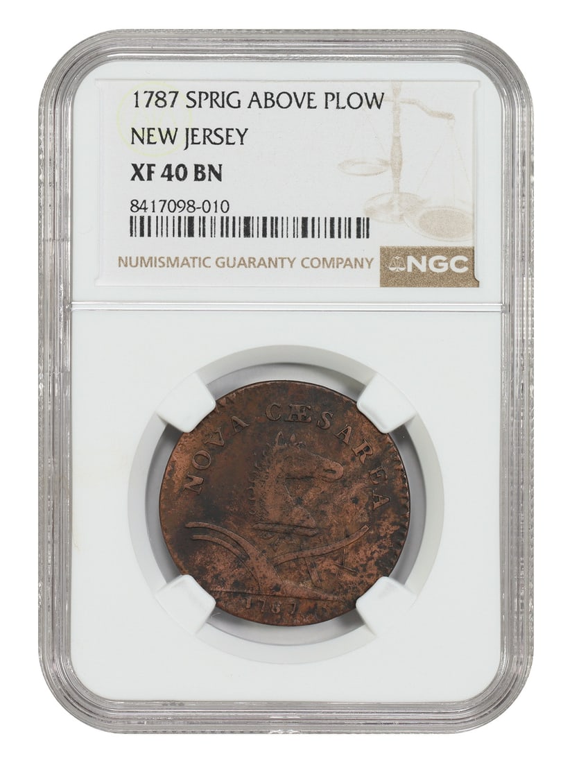 1787 New Jersey Colonial Copper Sprig Above Plow NGC XF40: 1787 New Jersey Colonial Copper Sprig Above Plow NGC XF40 1787 New Jersey copper colonial coin certified by NGC as XF40. The piece is described as a circulated example with mottled brown and brick col