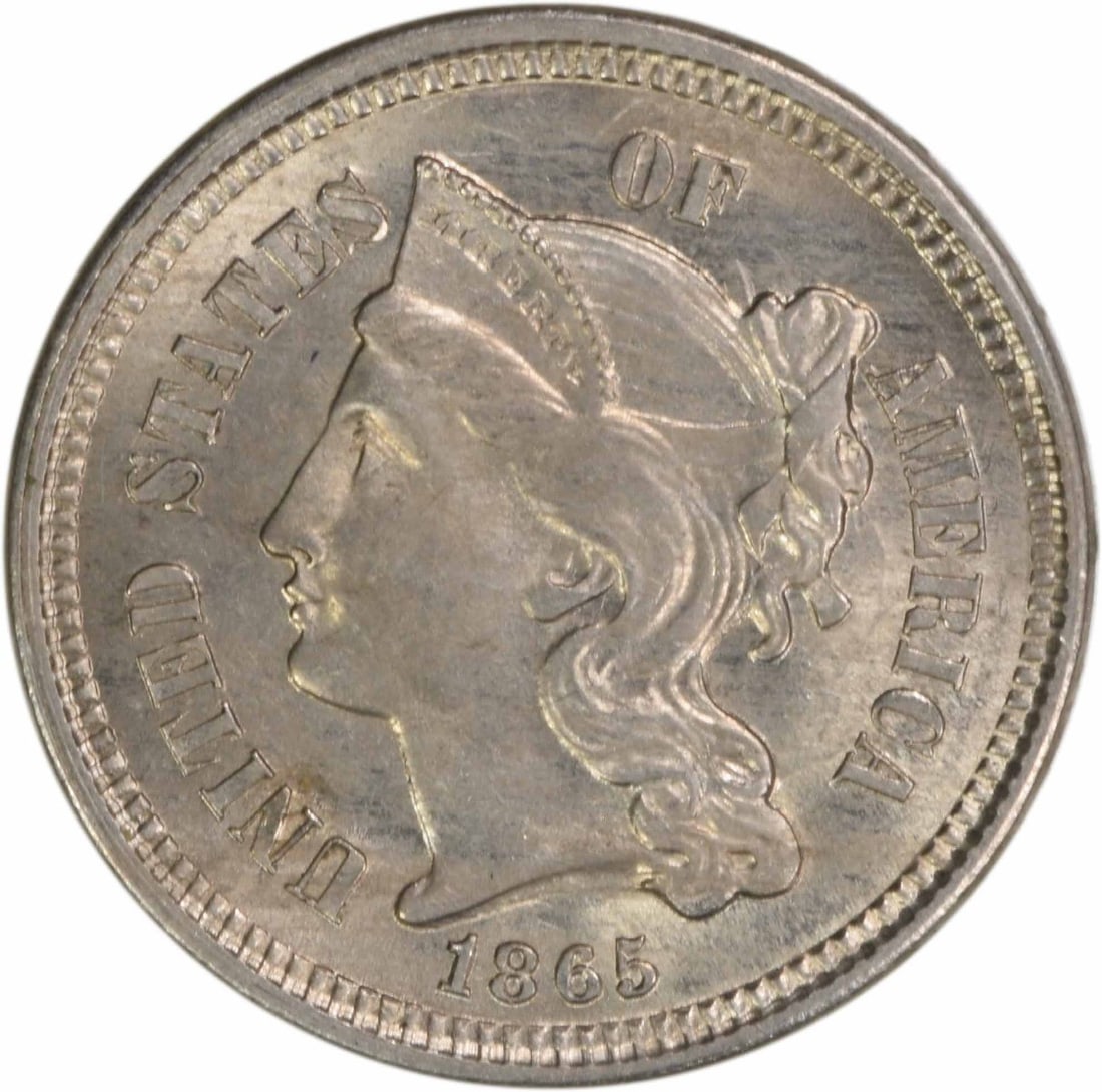 Uncirculated 1865 Three Cent Nickel Coin Choice Brilliant Uncertified: Uncirculated 1865 Three Cent Nickel Coin Choice Brilliant Uncertified This is an 1865 Three Cent Nickel coin in Choice Brilliant Uncirculated condition. The coin is uncertified, has no mint mark, and 