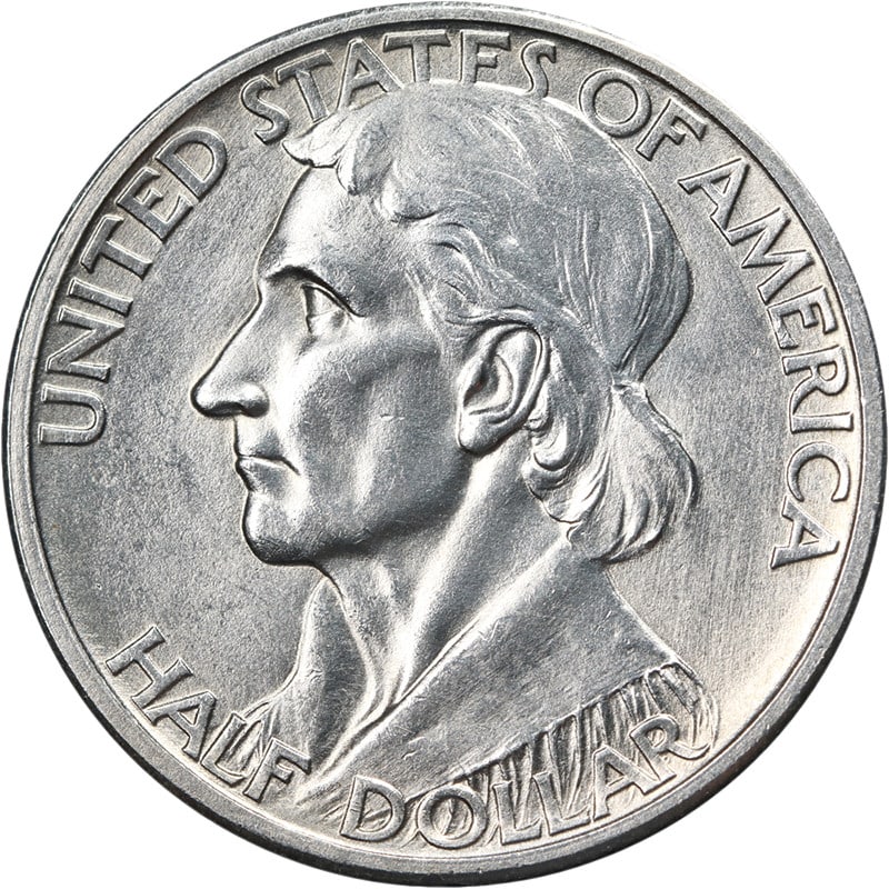 1935 34 D Boone Silver Half Dollar Choice BU: 1935 34 D Boone Silver Half Dollar Choice BU This 1935/34-D Boone Commemorative Half Dollar is an uncirculated silver coin featuring outstanding luster and a strong strike. The coin displays a brillia